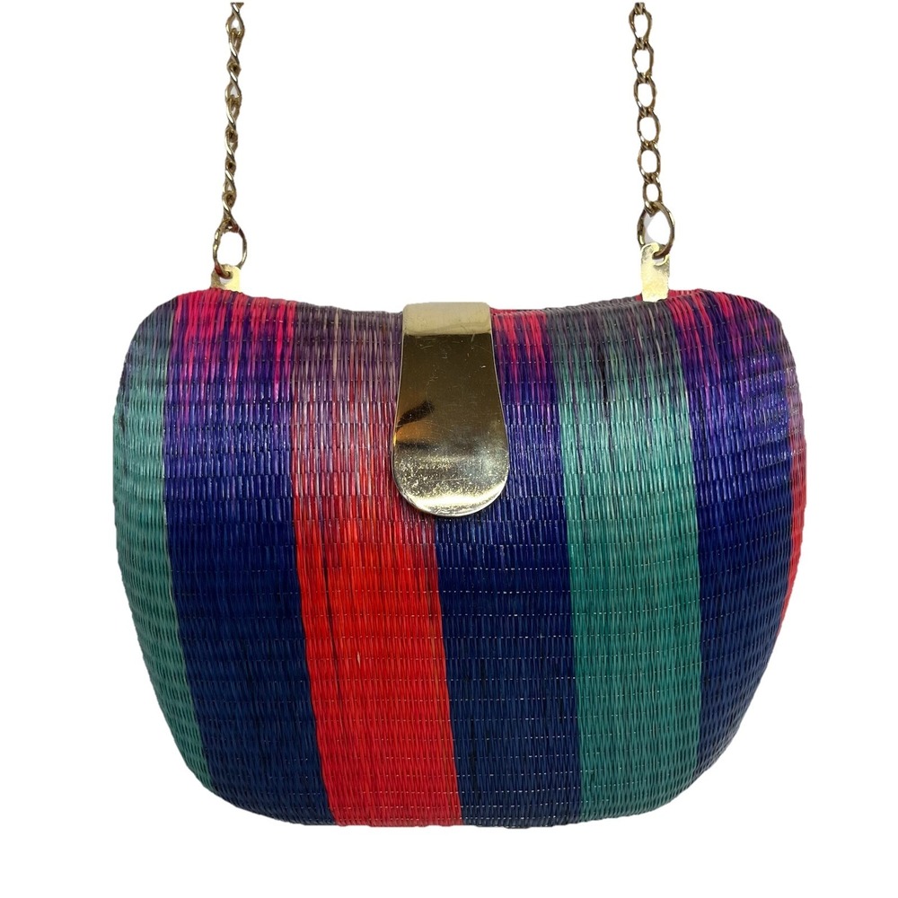 Vibrant Hard Shell Woven Straw Snake Chain Small Purse Handbag Evening‎ Classy